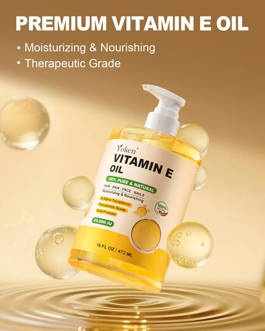Yoken Vitamin E Oil 16 Fl Oz Organic Vitamin E Oil for Skin 85,000 IU Bulk Vitamine oils for Scars Hair,Face,Nail,Cold Pressed Hexane Free Formula Liquid Perfect Scalp Care Bath and Body oils