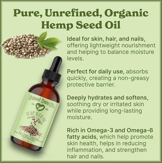 Natural Born Oils Hemp Seed Oil, 2oz, Organic, Cold-Pressed, Rich in Omega Fatty Acids, Ideal for Skin Hydration, Hair Growth