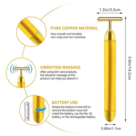 Face Massager Electric Skin Care Tool, 24k Golden T Shape Beauty Bar & 3D Roller Massager, Vibration Facial Lifting and Body Treatment Tool Kit, Reduce Puffiness Improve Wrinkles Anti Aging Device