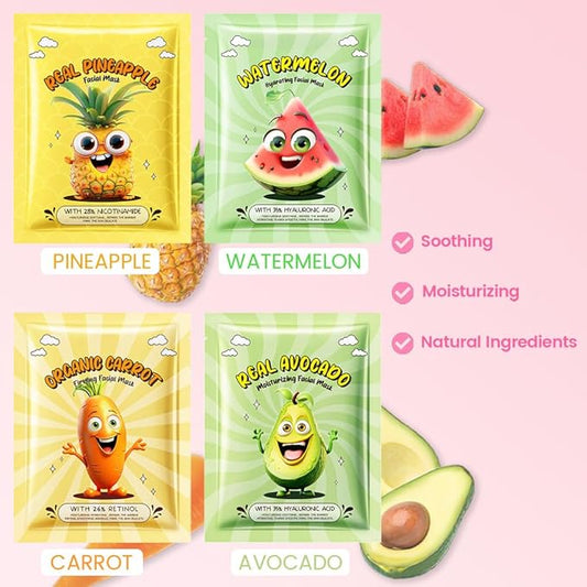 Kaely 12 Pack Fruit Face Masks for Kids, Kids Face Mask Spa Day kit Supplies, Spa Party Favors for Teens Girls Women, Sheet Facial Mask Skincare Gifts Set, Moisturize Soothe for All Skin Types, 01