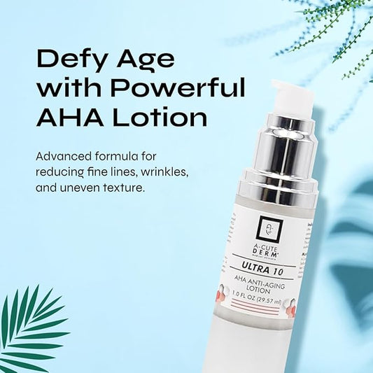 A-Cute Derm Ultra 10 AHA Anti-Aging Lotion for Exfoliation Simple and Effective for Face and Body (1 OZ)