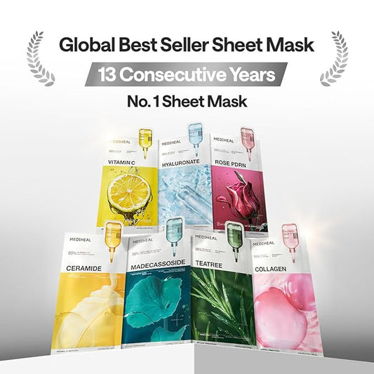 Mediheal Madecassoside Essential Sheet Mask Blemish Repair 4 pcs. 98% Purity Madecassoside & Hyaluronic Acid Included. Enhancing Moisture Barrier & Skin Texture Care. Vegan Formula Sheet Mask