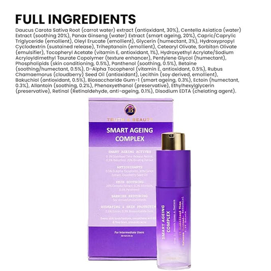 TRUTH & BEAUTY Intermediate Smart Ageing Complex Serum 0.1% Retinol, 0.5% Bakuchiol & Ginseng Extract for Fine Lines, Wrinkles Hydration Face Serum for All Skin Types (1.01 Fl OZ) Smart Ageing