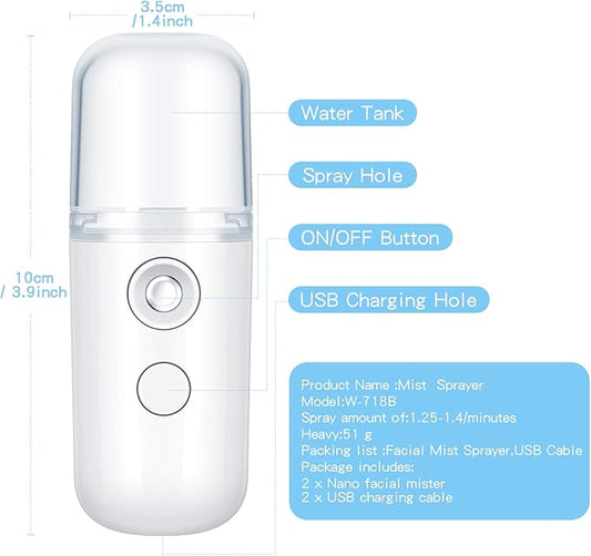 Honoson 2 Pieces Nano Facial Mister 30 ml Mini Face Humidifier Portable Facial Sprayer USB Rechargeable Handy Skin Care Machine for Face Hydrating, Daily Makeup (White)