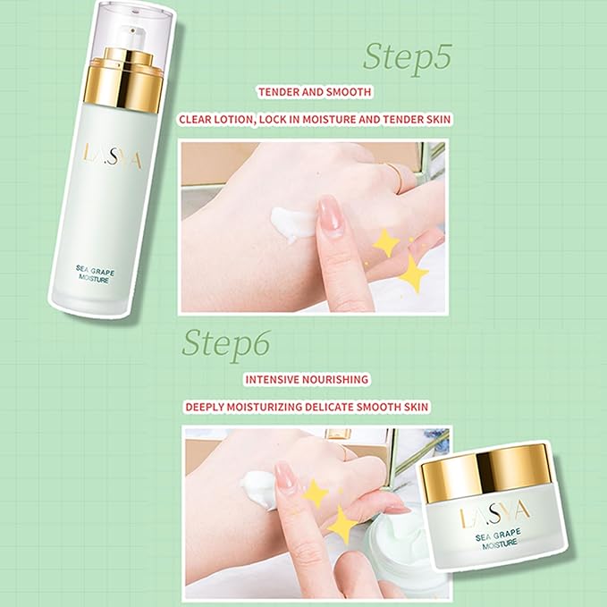 Sea Grape Skincare Set, 6-In-1 Skincare Gift Set With Facial Cleanser, Toner, Serum, Eye Cream, Lotion & Cream, Moisturizing Skin Care Kit For Women