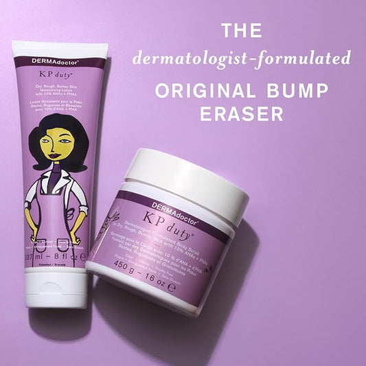 DERMAdoctor KP Bump Eraser Body Scrub 16 oz with Lotion 8 oz 10% AHA + PHAs Dermatologist Formulated Exfoliant - 24 oz