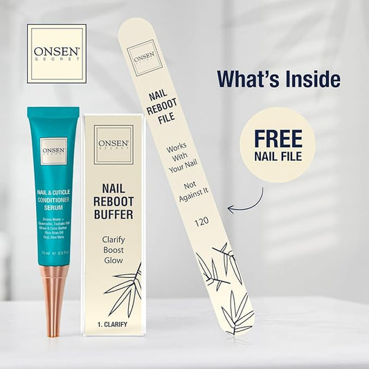 Onsen Secret Cuticle Cream Bundle, Double Sided Nail File 120/180 Grit, Nail Cuticle Oil - Japanese Natural Healing Minerals Nail Care Serum. (15ml + Buffer + Nail File)