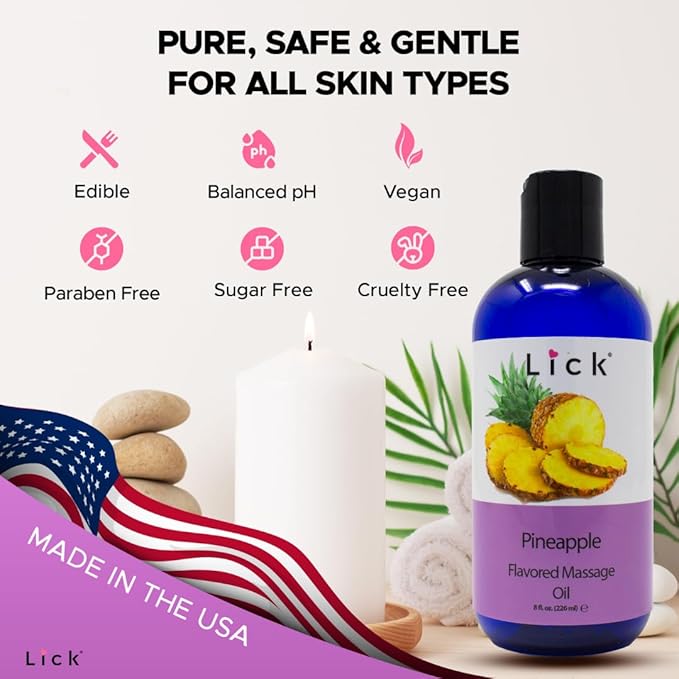 Lick Pineapple Passion Flavored Massage Oil – Sweet, Tropical, Body Safe for Intimacy & Romance, 8 oz