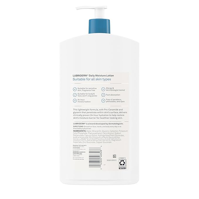 Lubriderm Fragrance Free Daily Moisture Lotion + Pro-Ceramide, Shea Butter & Glycerin, Face, Hand & Body Lotion for Sensitive Skin, Hydrating Lotion for Healthier-Looking Skin, 24 fl. oz