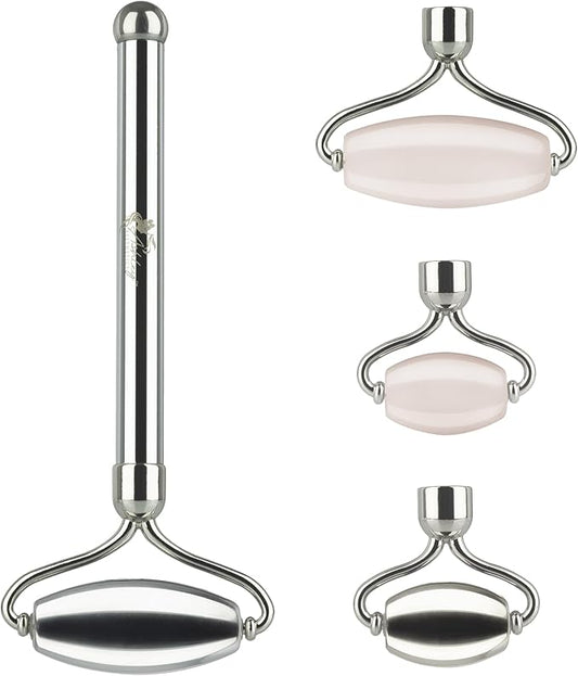 Stainless Steel Ice Roller & Rose Quartz Facial Set | Luxury Skin Care Tools for Lymphatic Drainage, Product Absorption, Skin Tightening, & Relaxation