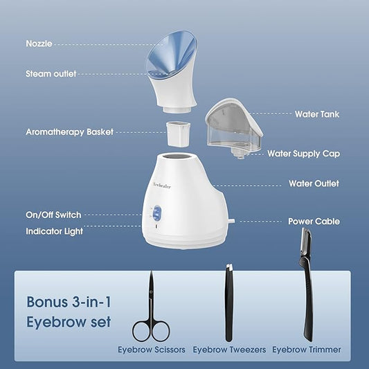 Newbealer 2in1 Facial Steamer, Hot Mist Facial Aromatherapy Humidifier Atomizer, Large Face Steamer Unclogs Pores Sinuses Moisturizing, Home Sauna Spa with Eyebrow Set (Blue, 170 ml)