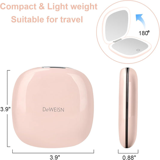 deweisn Compact Mirror, Lighted Travel Makeup Mirror with 1X/10X Magnifying Double Sided Dimmable Portable Pocket Mirror for Handbag and Pocket, USB Charging(Pink)