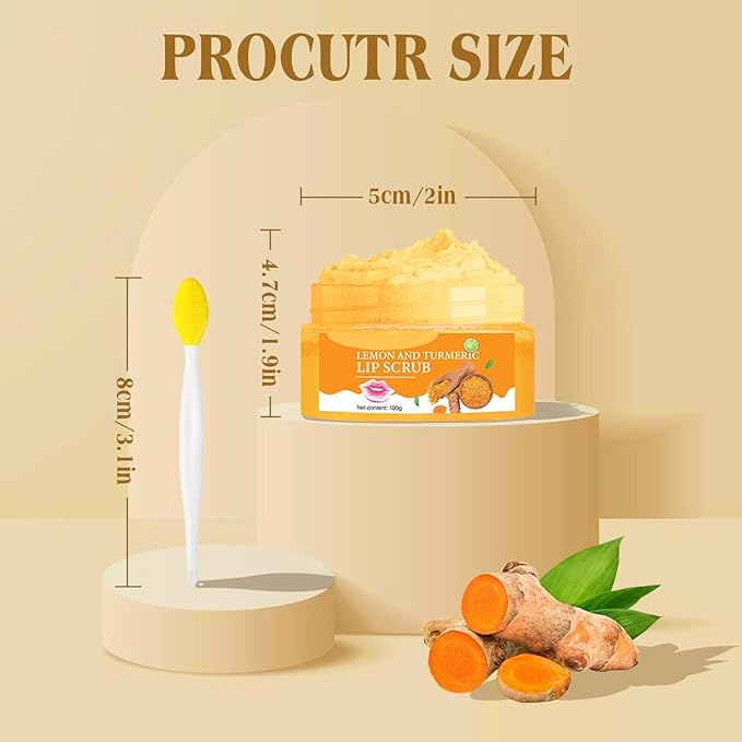 Turmeric Lemon Lip Scrub with Brush, Lip Scrubber Exfoliator for Dark Lips, Dry, Chapped Lips, Reduce Fine Lines, Natural Nourish Sugar Lip Scrub with Aloe Vera, Deep Hydration Moisturization 100g