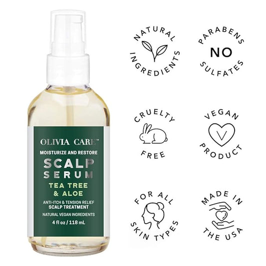 Olivia Care Tea-Tree & Aloe Scalp Serum - Natural & Vegan Ingredients - Moisturize & Anti-Itch Treatment - Stimulate Hair Growth & Repair Damage - 4 FL OZ