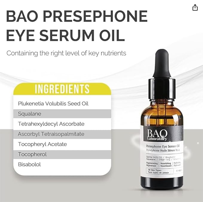 Persephone Eye Serum Oil | Sacha Inchi Oil, Bisabolol and Vitamin C & E | Eye Serum for Wrinkles, Finelines and Dark Circle (30 ML)