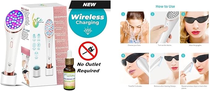 Lyte Wireless Dual Red & Blue LED Light Therapy for Face Includes Hyaluronic Serum Automatic Contact Sensor 2-in-1 Blue and Red LED Light Therapy for Face Wrinkle Reduction Device
