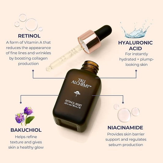 Tru Alchemy Retinol Reset Revitalizing Retinol Serum for face - Wrinkle Appearance Serum & Retinol Cream for Face w/Bakuchiol, Niacinamide for Overnight Renewal w/Long-Term Radiance - 1 fl oz