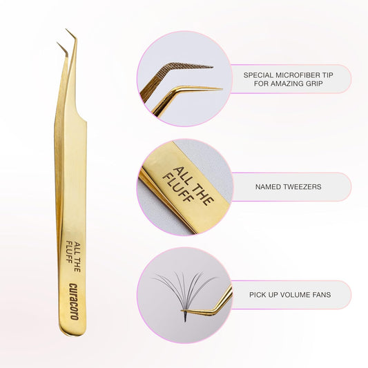 Curacoro Lash Tweezer - Professional & Precision Fiber Tip Grip Lash Tweezers for Eyelash Extensions, Multi Shapes & Purposes Tweezers for Volume, Isolation & Classic Lashes (Gold, All The Fluff)