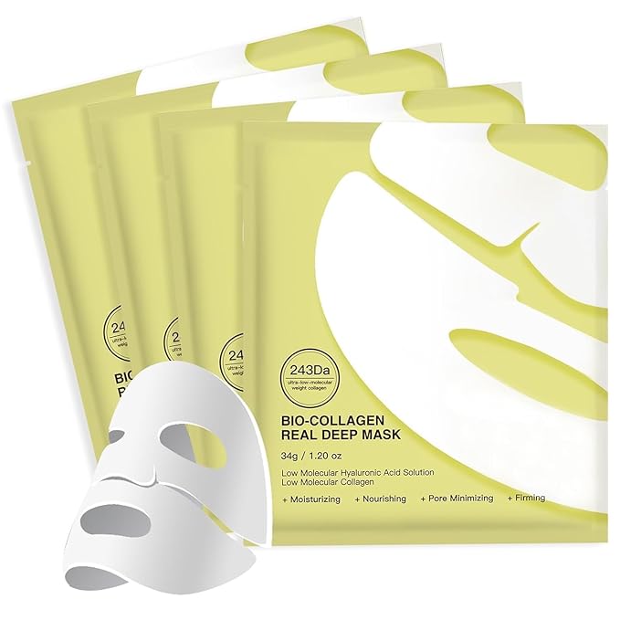 Bio-Collagen Overnight Collagen Face Mask, Deep Collagen Anti-Wrinkle Lifting Glass Glow Face Mask for Moisturizing, Firming, Glowing Skin Care, Bio Collagen Sheet Mask for All Skin Types, 4 Packs