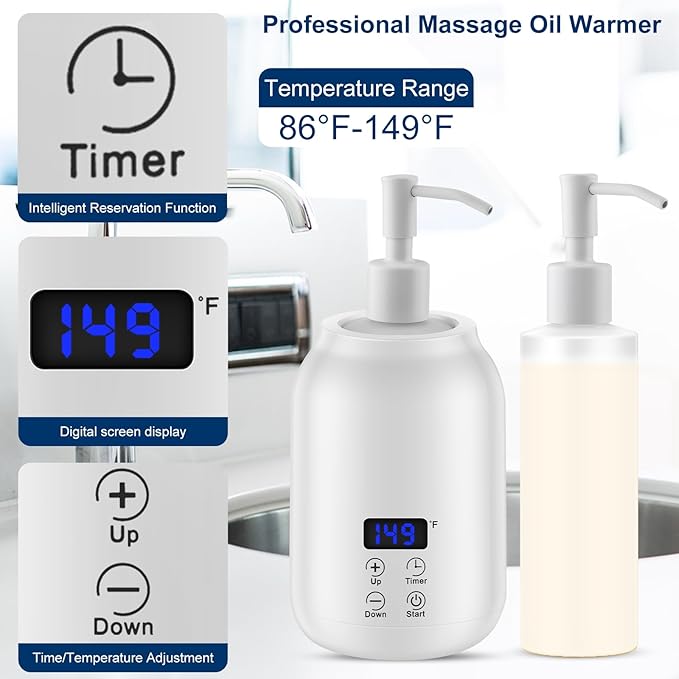 Massage Oil Heater Warmer,with ℃/℉ Switchable Display, Two Oil Dispenser Bottle,Constant Temperature,Body Oils Heater for Spa, Salon and Barber Shops,White
