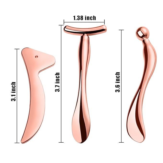 KOIBITO 3 PCAK Cooling Metal Facial Massage Stick, Eye Cream Applicator Wand, Gua Sha Scraping Tool Set, Reduce Puffiness Skin Firming and Lifting (Rose Gold)