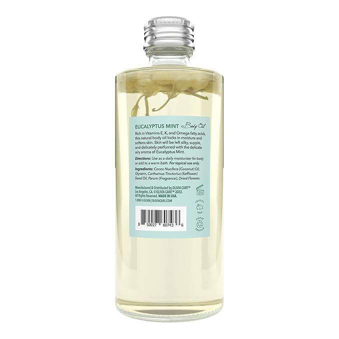 Olivia Care Body Oil Eucalyptus Mint Vegan & Natural | Hydrating & Moisturizing - Infused with VITAMIN E, K & Omega Fatty Acids - Refreshing Fragrance - (Eucalyptus Mint)