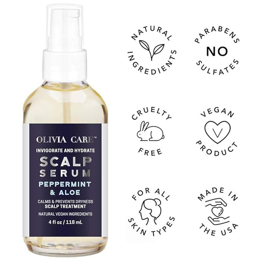 Peppermint & Aloe Hair Scalp Serum by Olivia Care - Natural & Vegan Ingredients - Invigorate, Soothe, Calm, Hydrating Scalp Treatment - Prevent Dryness - 4 FL OZ
