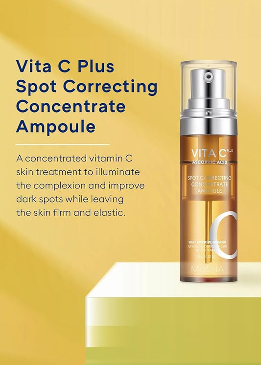 MISSHA Vita C Plus Spot Correcting Concentrate Ampoule 0.52 Fl oz/15ml, Korean Vitamin C Serum for Face, Improves Dark Spots & Firms Skin with 33% VITA C Liposome Formula, Mother's Day Gifts