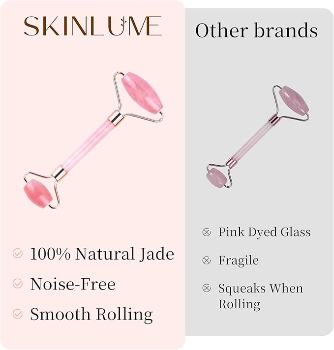 Jade Roller Gua Sha Facial Tool - for Face Neck Eye Jawline, Reduce Puffiness and Tension, Gift Set for Men Woman 100% Natural Jade Stone (Pink)