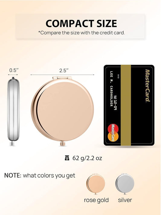 Compact Mirror Bulk, Set of 2 Double-Sided 1X/2X Magnifying Purse Pocket Makeup Mirrors(Round, Rose Gold and Silver)