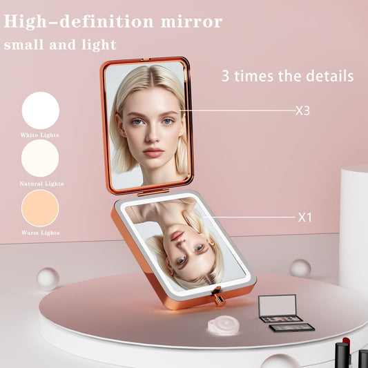 Makeup Mirror with Lights, 3X Magnifying Led Compact Travel Mirrors for Pocket,Purse, Double-Sided Foldable Handheld, Vanity Mirror with Lights, Makeup Vanity Desk Bathroom, Gifts for Women