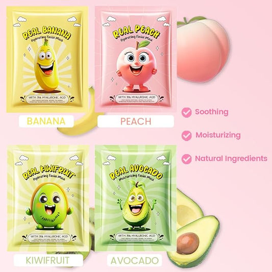 12 Pack Fruit Face Masks for Kids,Hydrating Face Mask For Sensitive Skin,Moisturize,Soothing,Nourish for All Skin Types,Natural Spa Party Facial Mask Skincare Set for Women Men Girls