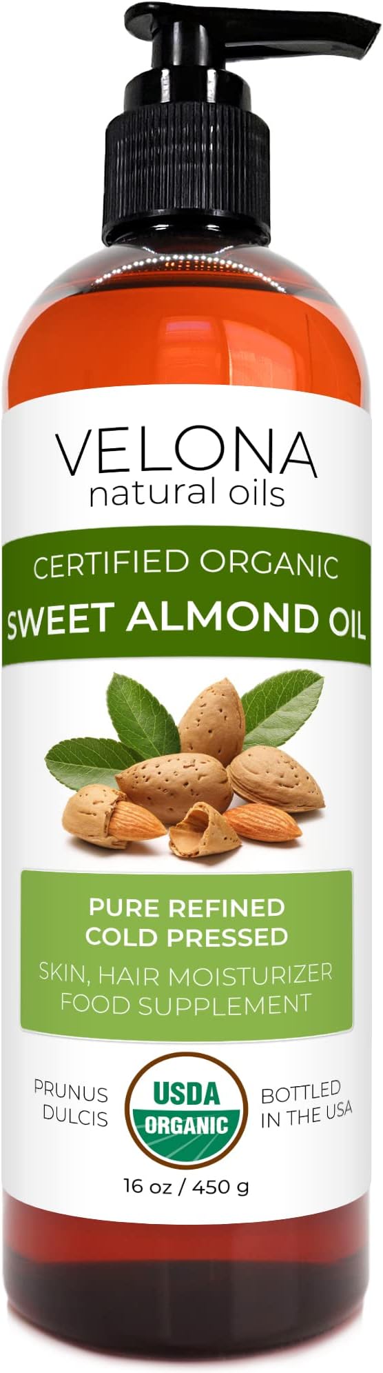 velona USDA Certified Organic Sweet Almond Oil - 16 oz | 100% Pure and Natural Carrier Oil | Refined, Cold Pressed | Skin, Hair, Body & Face Moisturizing | Use Today - Enjoy Results
