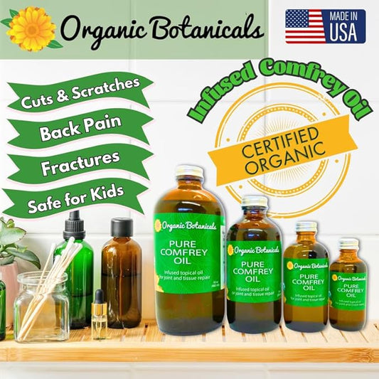 Pure Comfrey Leaf Infused Oil - Skin Care for Joints, Back, Muscles, Fractures, Bruises, and Minor Wounds, Natural Herbal Body Massage Oil, Certified Organic (8 oz)