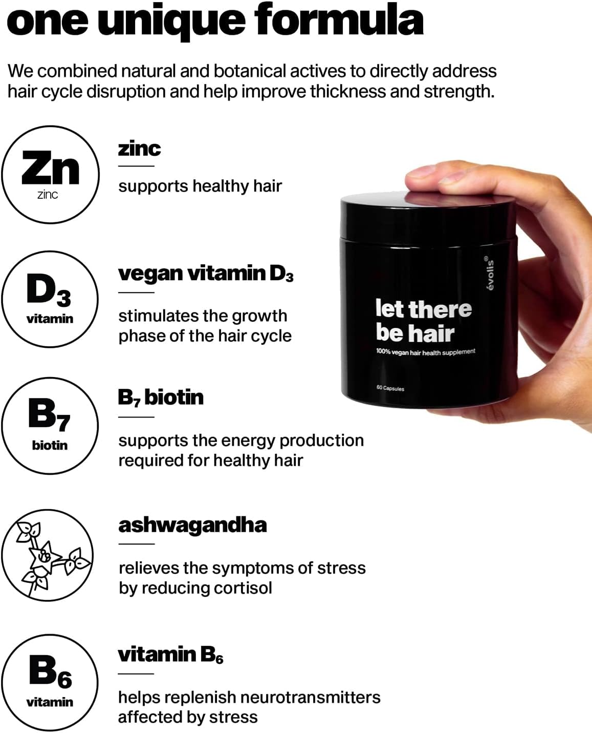 évolis Let There be Hair - Growth Supplement - Get Visibly Thicker, Youthful, Healthy Hair in 60-90 Days - 100% Vegan Hair Growth Supplement for Men & Women (60 Capsules)