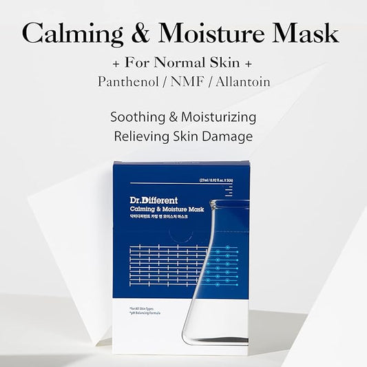Dr.Different Calming & Moisture Mask 5 Sheets - NMF and Panthenol Hydrating Mask Sheet for Damaged Skin, 100% Cotton Sheet, Soothing for Sensitive Skin