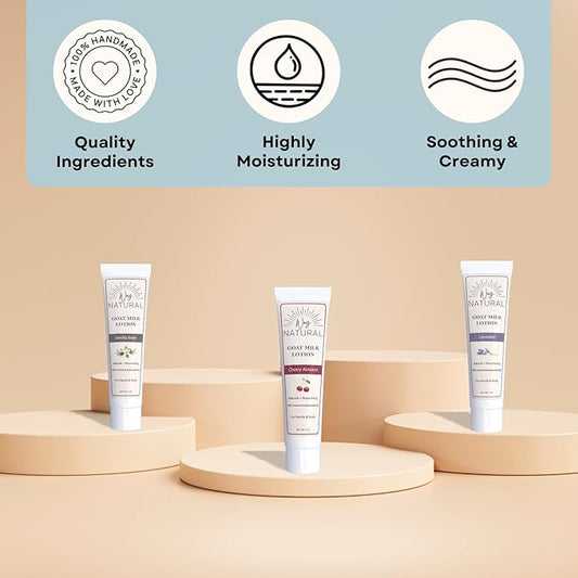 Goat Milk Lotion, Variety - Body & Hand Lotion Set - Dry Skin Relief, USA Made - Goat Milk Hand Cream for Women & Men - Lavender, Cherry Almond, Vanilla Bean - 3 (2oz) Tubes