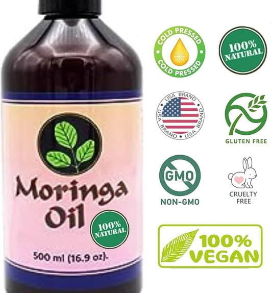 Moringa Oil 16.9 oz – Natural Face, Hair & Body Oil, 100% Pure, Cold-Pressed & Unrefined Moringa Seed Oil, Gluten-Free, Non-GMO, Vegan (500 ml)