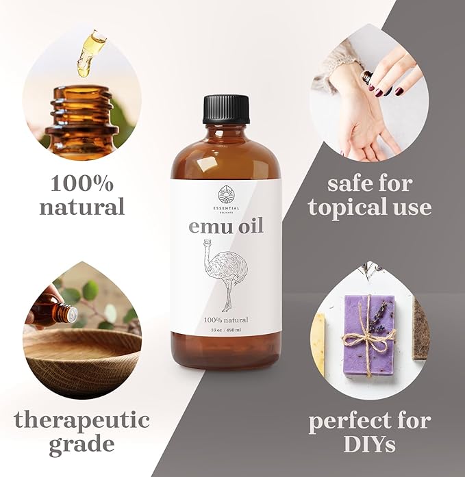 Emu Oil by Essential Delights - Premium Carrier Oil for Skin, Face, Body, Hair Revitalization, and Essential Oil Dilution (16 Fl.Oz.)