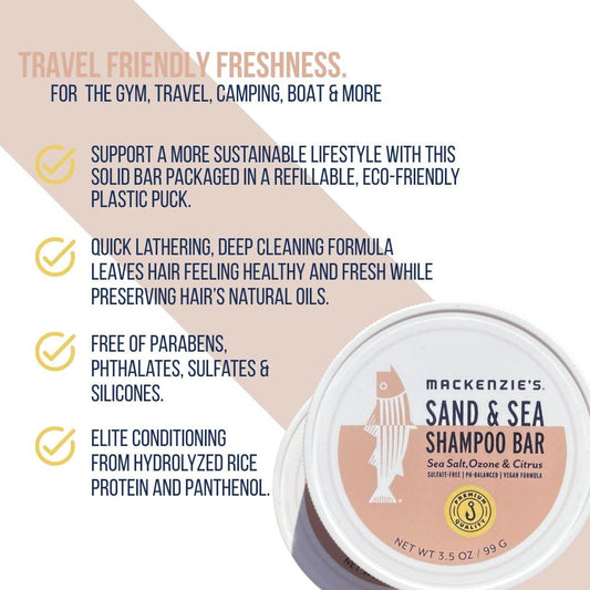 MACKENZIE'S Sand & Sea Shampoo Bar - Gifts for Fishermen - Vegan - Sulfate-Free - Eco Friendly - Zero Waste - Reusable Packaging with Travel Container - 3.5 OZ
