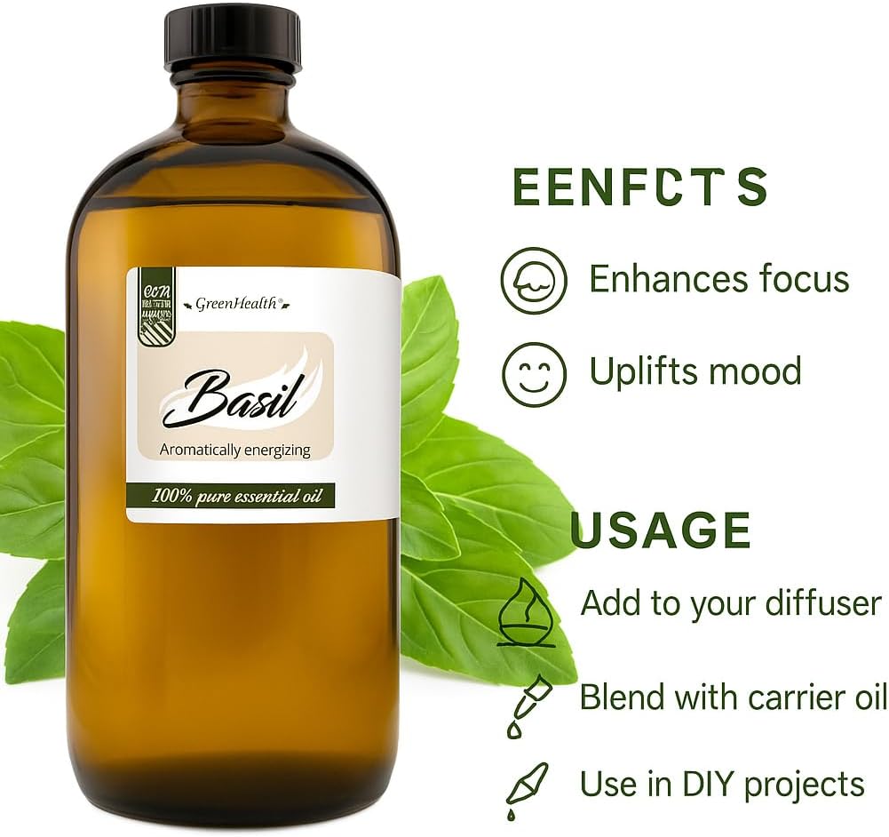 Basil Essential Oil – 16 fl oz (473 ml) Amber Glass Bottle – 100% Pure, Undiluted, Therapeutic Grade – Fresh, Herbaceous Aroma – GreenHealth