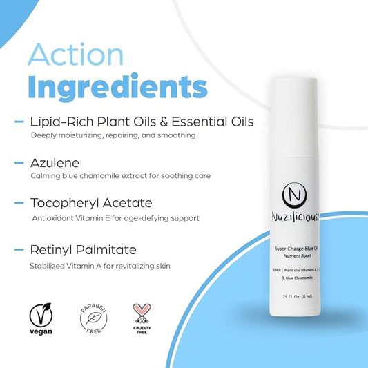 Professional Grade Super Charge Blue Oil – Intense Hydration & Radiance with Essential Oils & Lipid-Rich Plant Oils, Vegan & Cruelty-Free, (0.25 oz)