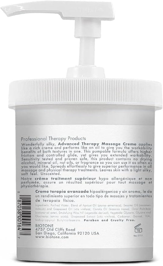 BIOTONE Advanced Therapy Massage Creme, Hypoallergenic and Fragrance-Free, Ideal Glide and Workability, Less Reapplications, Non-Greasy Finish