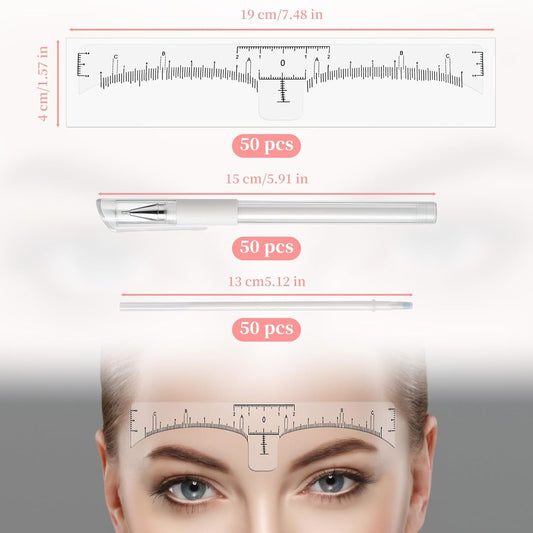 56 PCS Eyebrow Microblading Marker Pen & Disposable Brow Ruler - 2 Pcs Brow Mapping Pens with 4 Refills + 50 Pcs Eyebrow Stencil Guide Stickers - for Eyebrow Lamination, Lip & Skin Tattoo Makeup