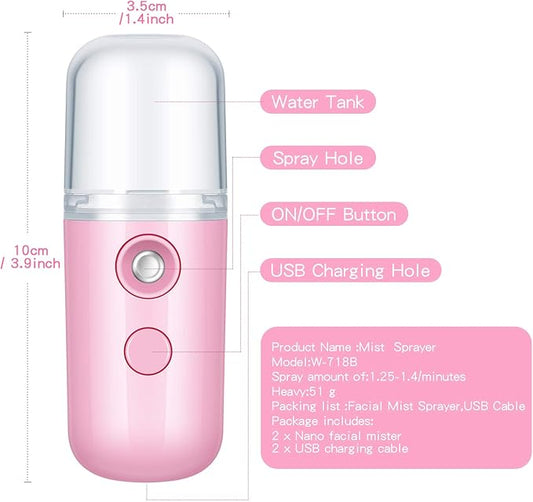 Honoson 2 Pieces Nano Facial Mister 30 ml Mini Face Humidifier Portable Facial Sprayer USB Rechargeable Handy Skin Care Machine for Face Hydrating, Daily Makeup (Pink)