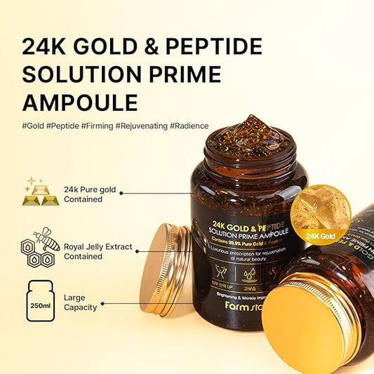 FarmStay 24K Gold & Peptide Solution Prime Ampoule | Hydrating & Firming Serum | Enhances Skin Elasticity, Glow & Vitality | Lightweight, Fast-Absorbing Formula for a Radiant Complexion | 8.45 fl.oz