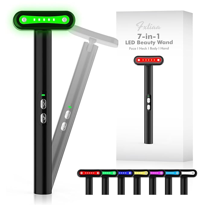 Led-Light-Therapy, 7 Color Face Skincare Wand with Facial Massager LED Face Skin Rejuvenation for Face & Neck & Eye Skincare Equipment Red Light Wand(Green)