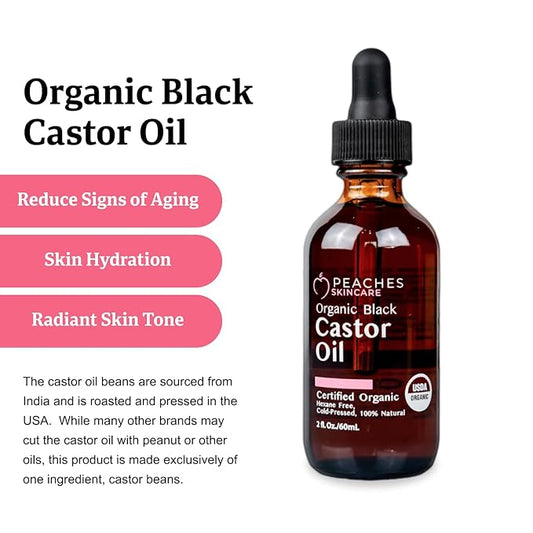 Organic Cold-Pressed Castor Oil – Hexane-Free, Vegan Formula with Omega-9, Omega-6, and Vitamin E – Hydrating Oil for Skin and Hair – Black Castor Oil (2 fl. oz)