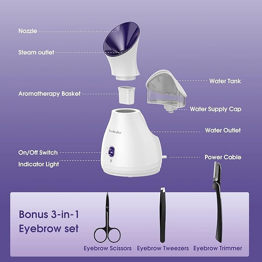 Newbealer 2in1 Facial Steamer, Hot Mist Facial Aromatherapy Humidifier Atomizer, Large Face Steamer Unclogs Pores Sinuses Moisturizing, Home Sauna Spa with Eyebrow Set (Purple, 170 ml)
