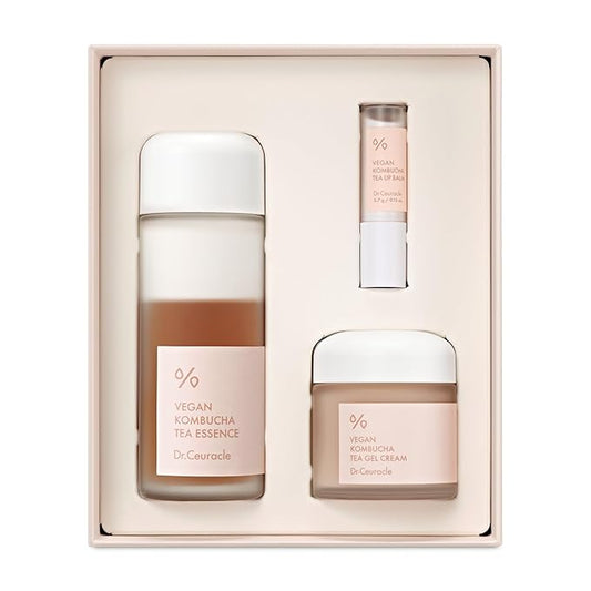 Dr.Ceuracle Vegan Kombucha Tea Special Set - Korean Hydrating and Nourishing Skincare Gift Set included Essence, Gel Cream, Lip Balm
